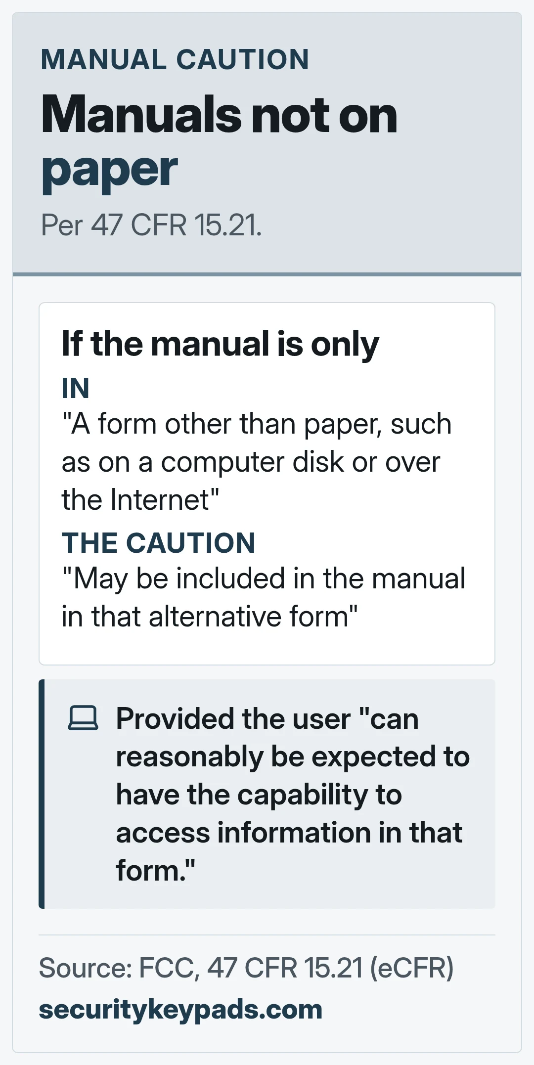 Manuals not on paper. Per 47 CFR 15.21.